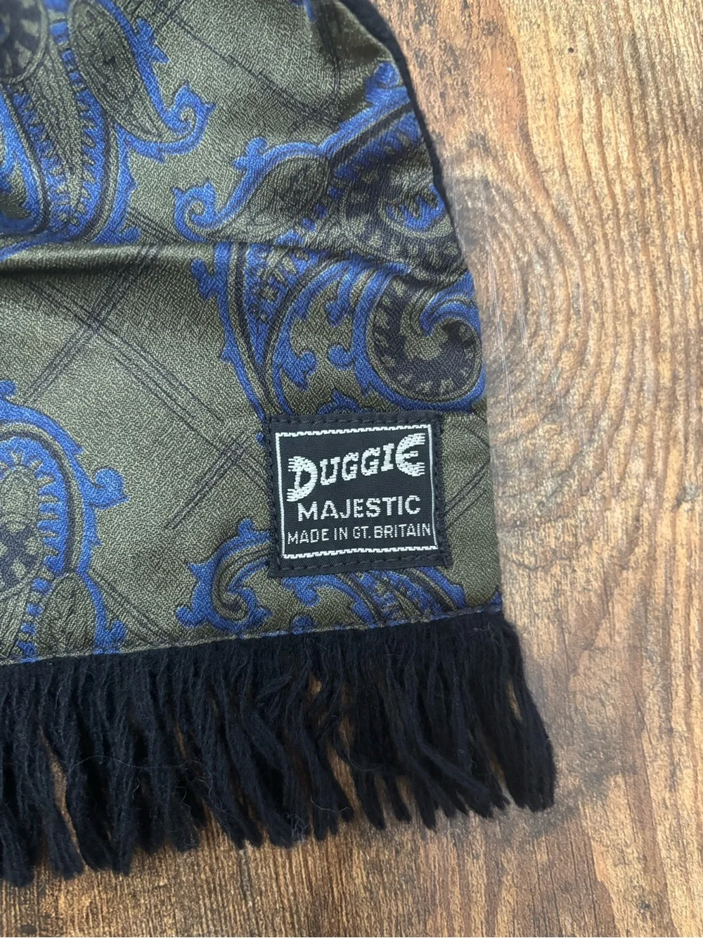 Duggie Majestic Vintage Olive/Blue Paisley Silk/Wool w/ Fringe Opera Scarf